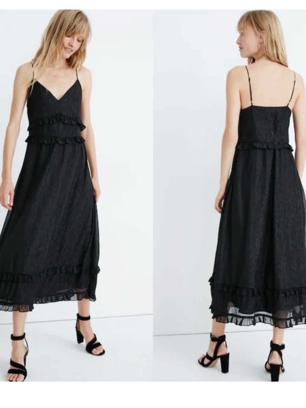 MADEWELL Black Shimmer Metallic Ruffle Cami Midi Dress sz 10 cocktail party